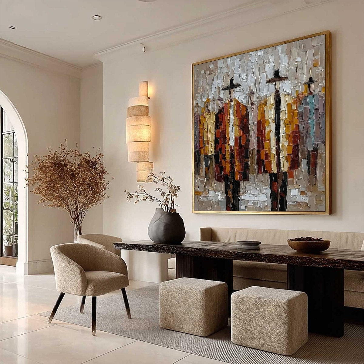 Gold and Brown Abstract Figurative Impasto Oil Painting – The Gathering