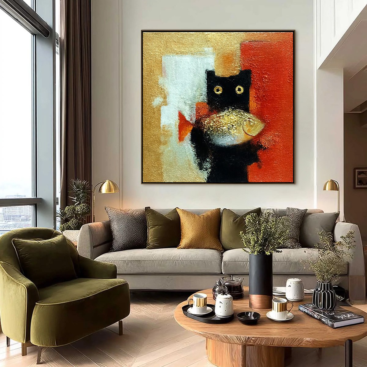 Gold and Red Abstract Cat Oil Painting – The Golden Catch