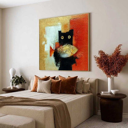 Gold and Red Abstract Cat Oil Painting – The Golden Catch