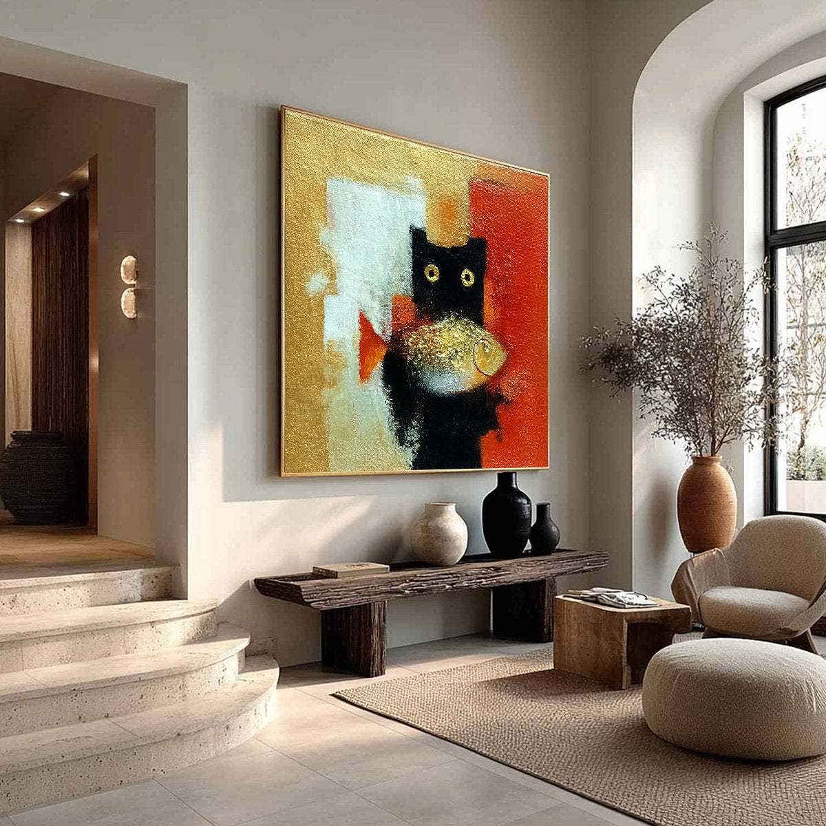 Gold and Red Abstract Cat Oil Painting – The Golden Catch
