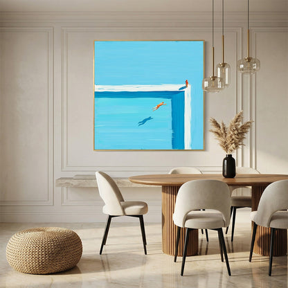 The Leap hand-painted ocean blue, ivory and soft neutral tones textured coastal abstract painting shown as stretched canvas