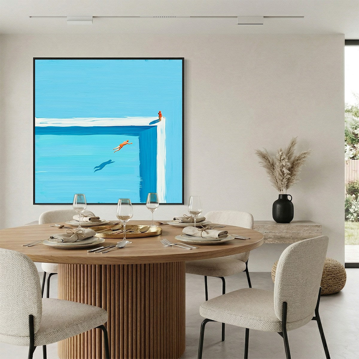 The Leap hand-painted ocean blue, ivory and soft neutral tones textured coastal abstract painting shown with silver frame