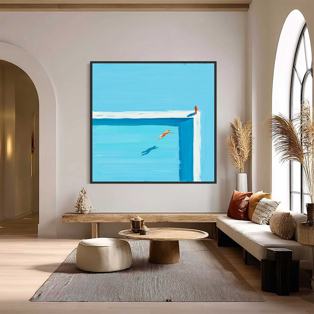The Leap hand-painted ocean blue, ivory and soft neutral tones textured coastal abstract painting shown with black frame