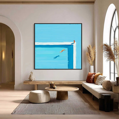 The Leap hand-painted ocean blue, ivory and soft neutral tones textured coastal abstract painting shown with black frame