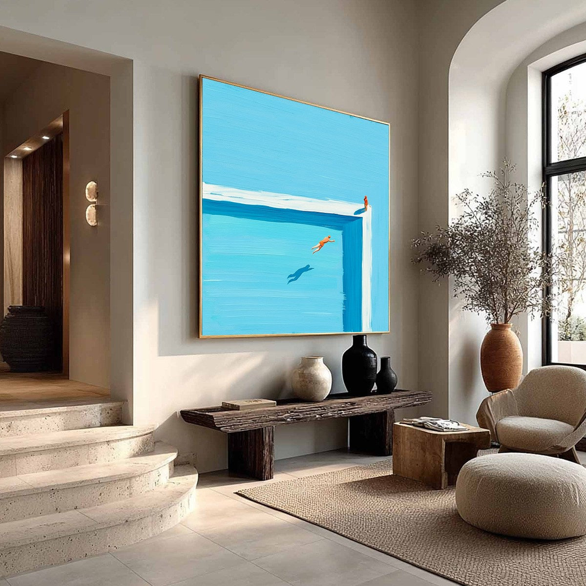 The Leap hand-painted ocean blue, ivory and soft neutral tones textured coastal abstract painting rolled canvas option