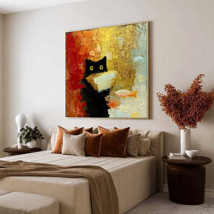 Orange and Gold Cat Impasto Oil Painting – The Midnight Scholar