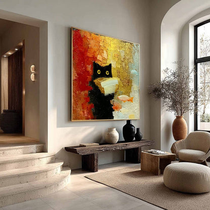 Orange and Gold Cat Impasto Oil Painting – The Midnight Scholar