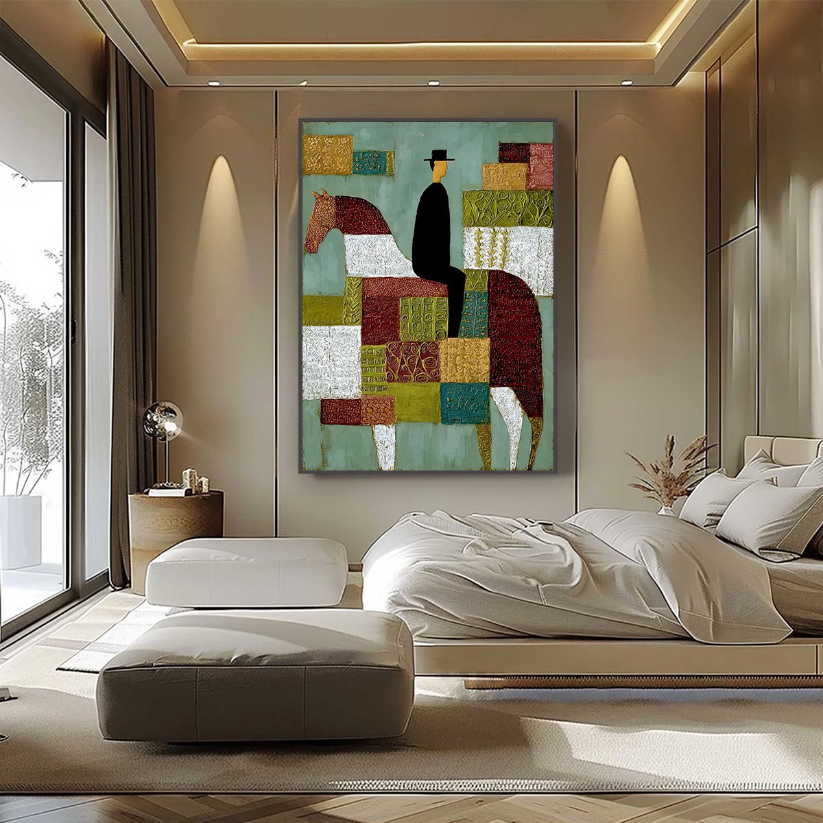 The Patchwork Rider – Boho Figurative Oil Painting, view 2
