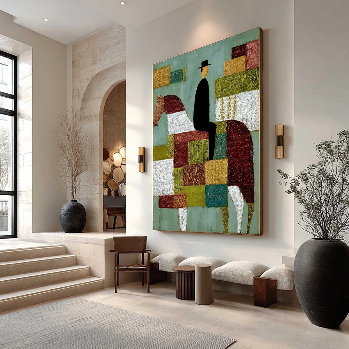 Boho Figurative Textured Oil Painting – The Patchwork Rider
