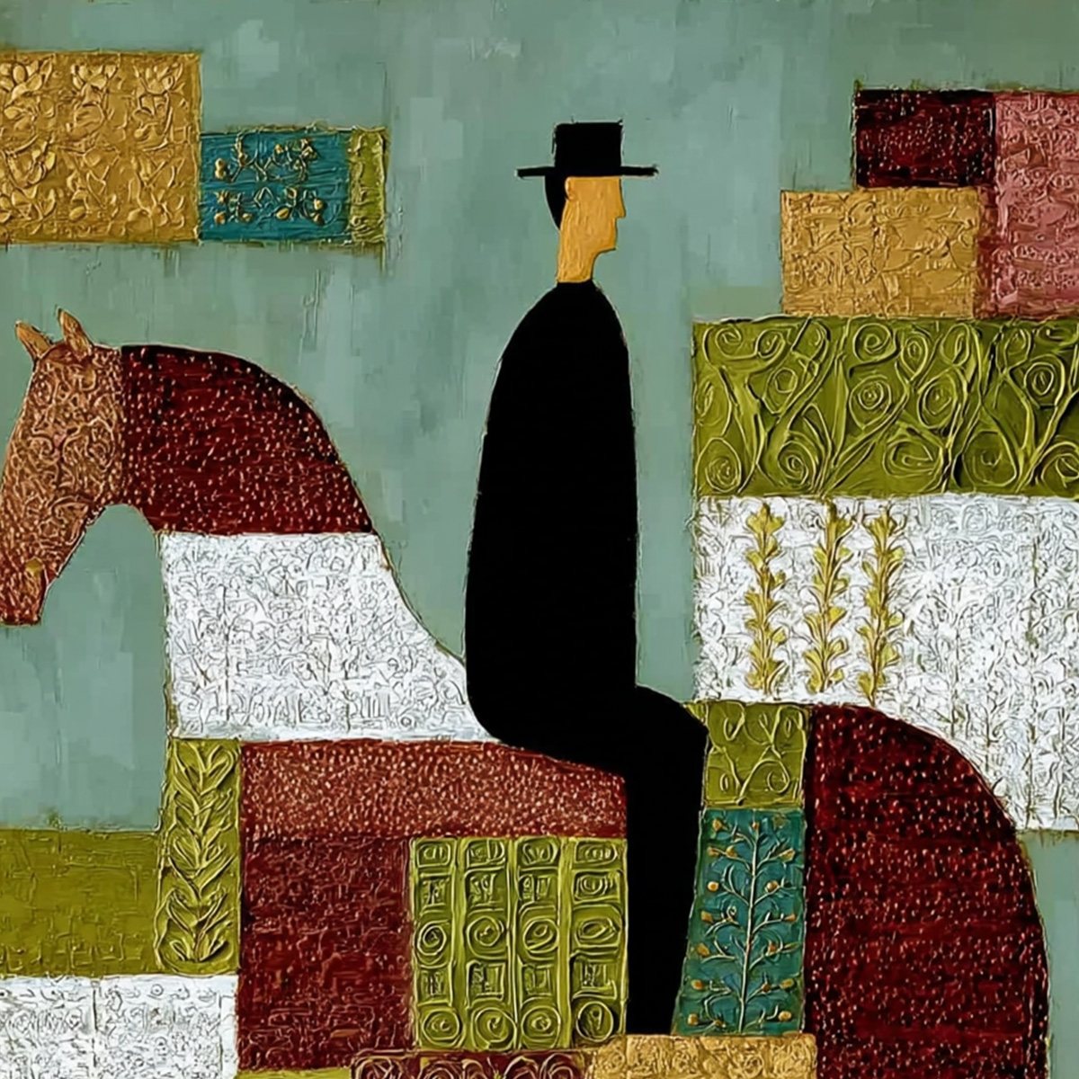 The Patchwork Rider – Boho Figurative Oil Painting, view 3