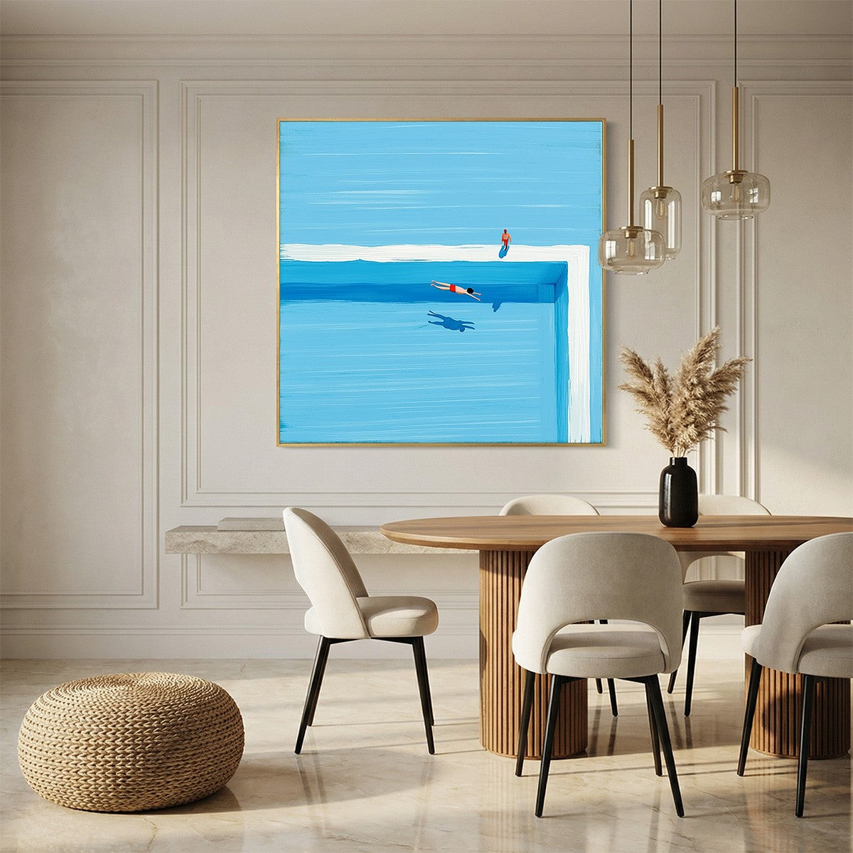 The Plunge hand-painted ocean blue and ivory textured coastal abstract painting shown as stretched canvas