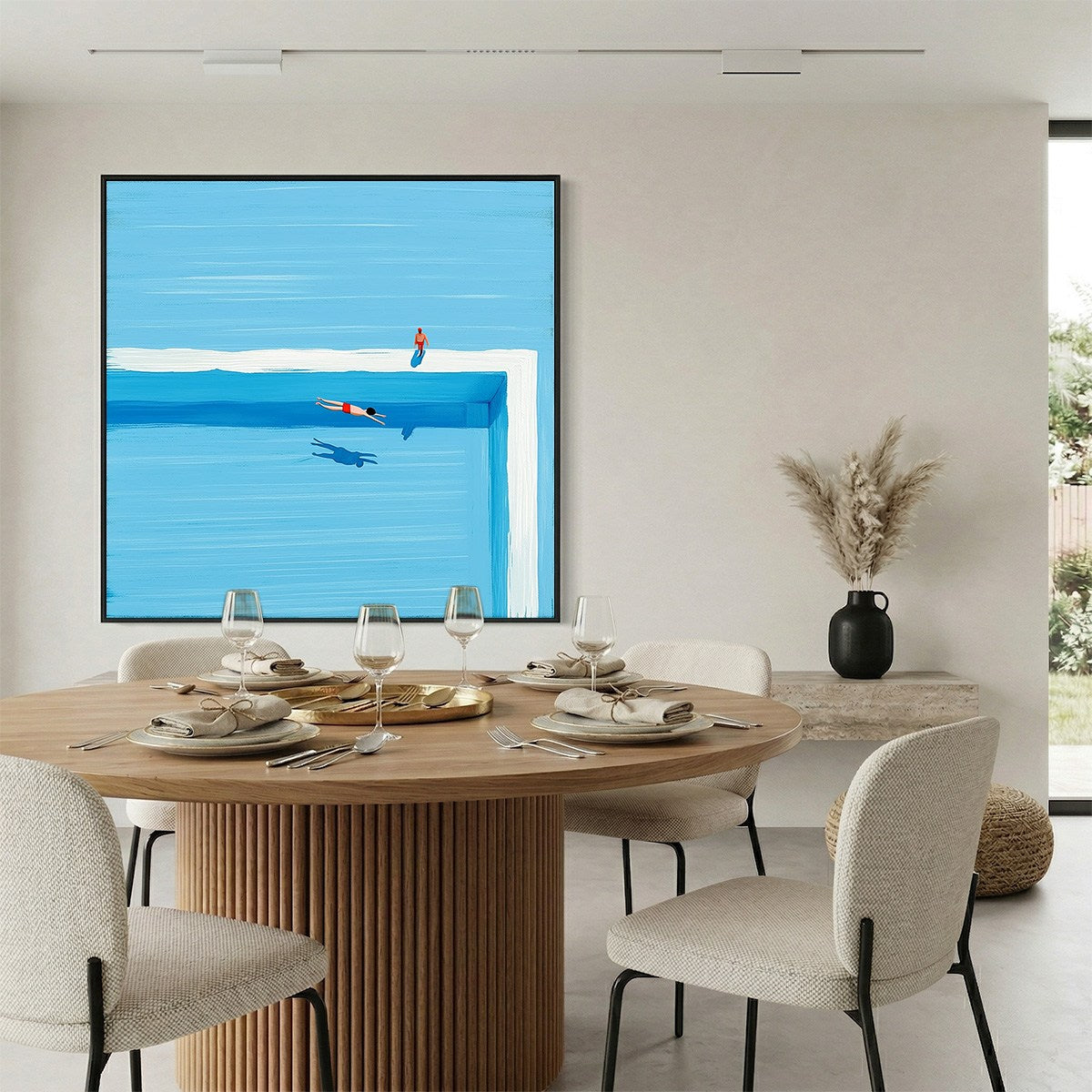 The Plunge hand-painted ocean blue and ivory textured coastal abstract painting shown with silver frame