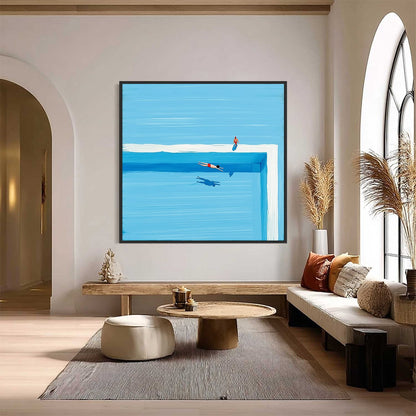 The Plunge hand-painted ocean blue and ivory textured coastal abstract painting shown with black frame