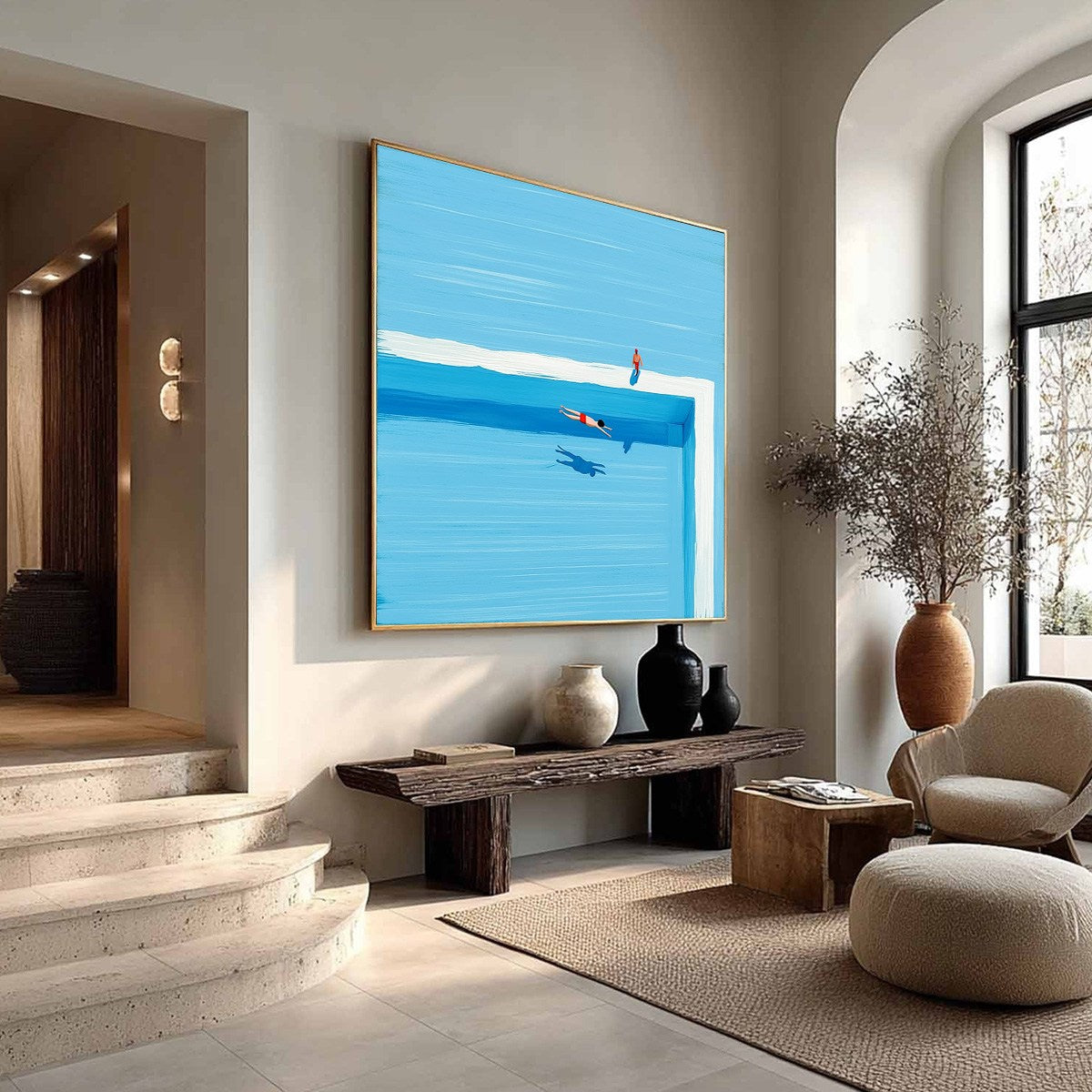 The Plunge hand-painted ocean blue and ivory textured coastal abstract painting rolled canvas option