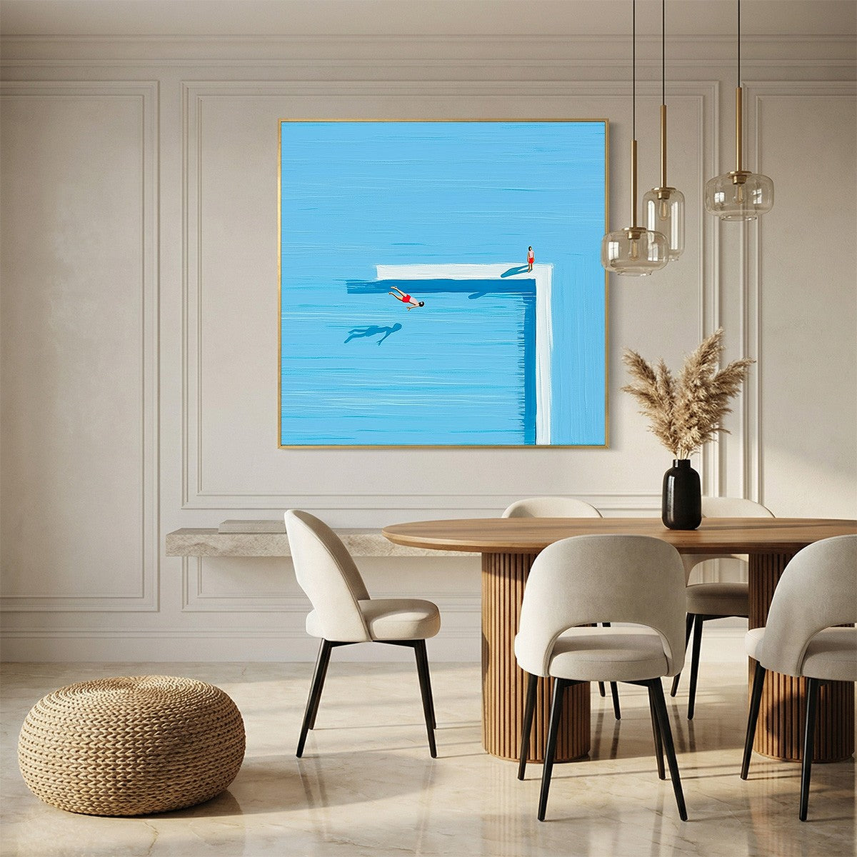 The Plunge hand-painted ocean blue and ivory textured coastal abstract painting shown as stretched canvas