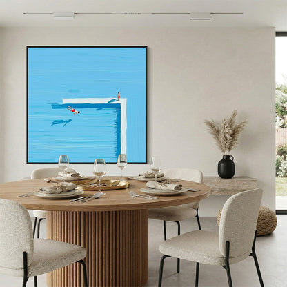 The Plunge hand-painted ocean blue and ivory textured coastal abstract painting shown with silver frame