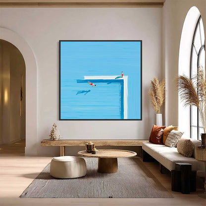 The Plunge hand-painted ocean blue and ivory textured coastal abstract painting shown with black frame