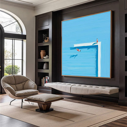 The Plunge hand-painted ocean blue and ivory textured coastal abstract painting shown with wood frame