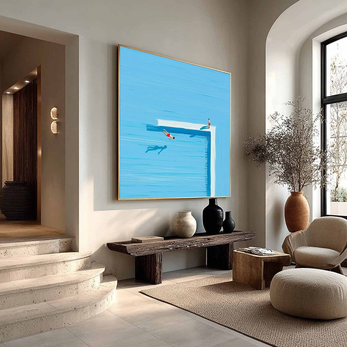 The Plunge hand-painted ocean blue and ivory textured coastal abstract painting rolled canvas option