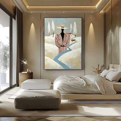 Blue Minimalist Figurative Impasto Oil Painting – The Wanderer'S Path