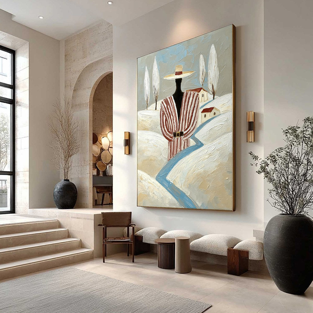 Blue Minimalist Figurative Impasto Oil Painting – The Wanderer'S Path