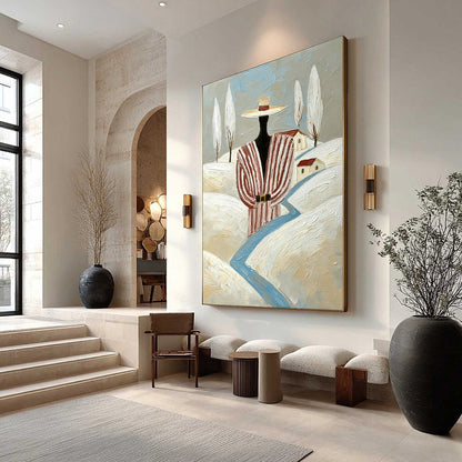 Blue Minimalist Figurative Impasto Oil Painting – The Wanderer'S Path