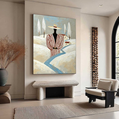 Blue Minimalist Figurative Impasto Oil Painting – The Wanderer'S Path