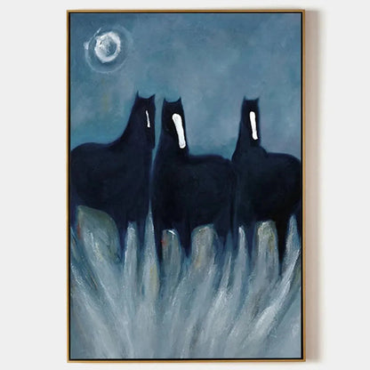 Three Horses At Night – Minimalist Horse Oil Painting, view 1