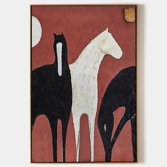 Three Horses On Red – Minimalist Horse Oil Painting, view 1