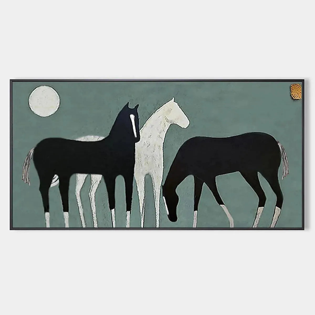 Three Horses Under The Moon – Minimalist Moon Oil Painting, view 1