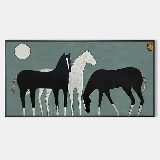 Three Horses Under The Moon – Minimalist Moon Oil Painting, view 1