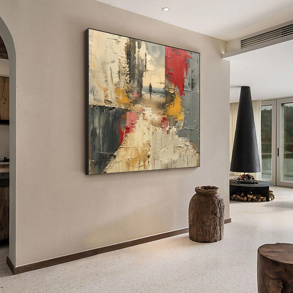 Red and Grey Abstract Figurative Impasto Oil Painting – Threshold