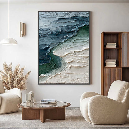 Tidal Convergence hand-painted ocean blue and emerald green textured coastal landscape painting shown as stretched canvas
