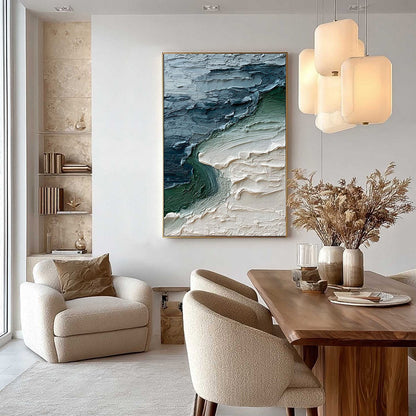 Tidal Convergence hand-painted ocean blue and emerald green textured coastal landscape painting shown with silver frame