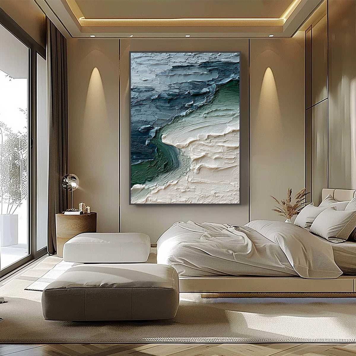 Tidal Convergence hand-painted ocean blue and emerald green textured coastal landscape painting shown with black frame