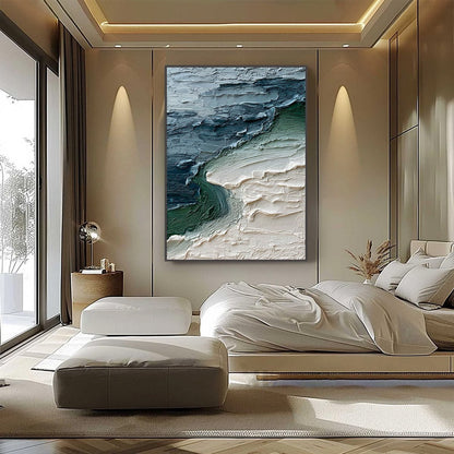 Tidal Convergence hand-painted ocean blue and emerald green textured coastal landscape painting shown with black frame