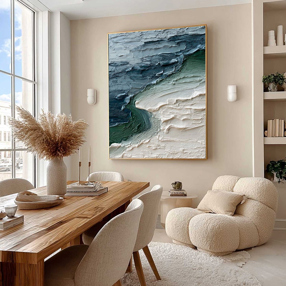 Tidal Convergence hand-painted ocean blue and emerald green textured coastal landscape painting shown with wood frame