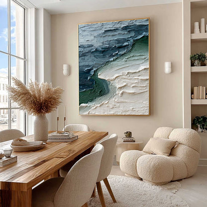 Tidal Convergence hand-painted ocean blue and emerald green textured coastal landscape painting shown with wood frame