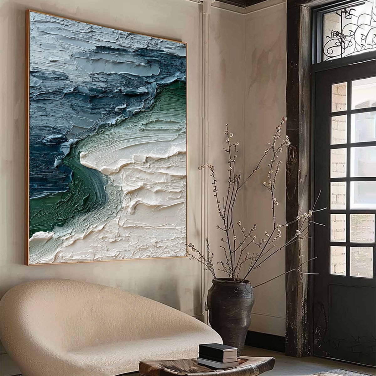 Tidal Convergence hand-painted ocean blue and emerald green textured coastal landscape painting rolled canvas option