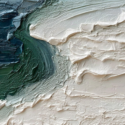 Tidal Convergence hand-painted ocean blue and emerald green textured coastal landscape painting shown with gold frame
