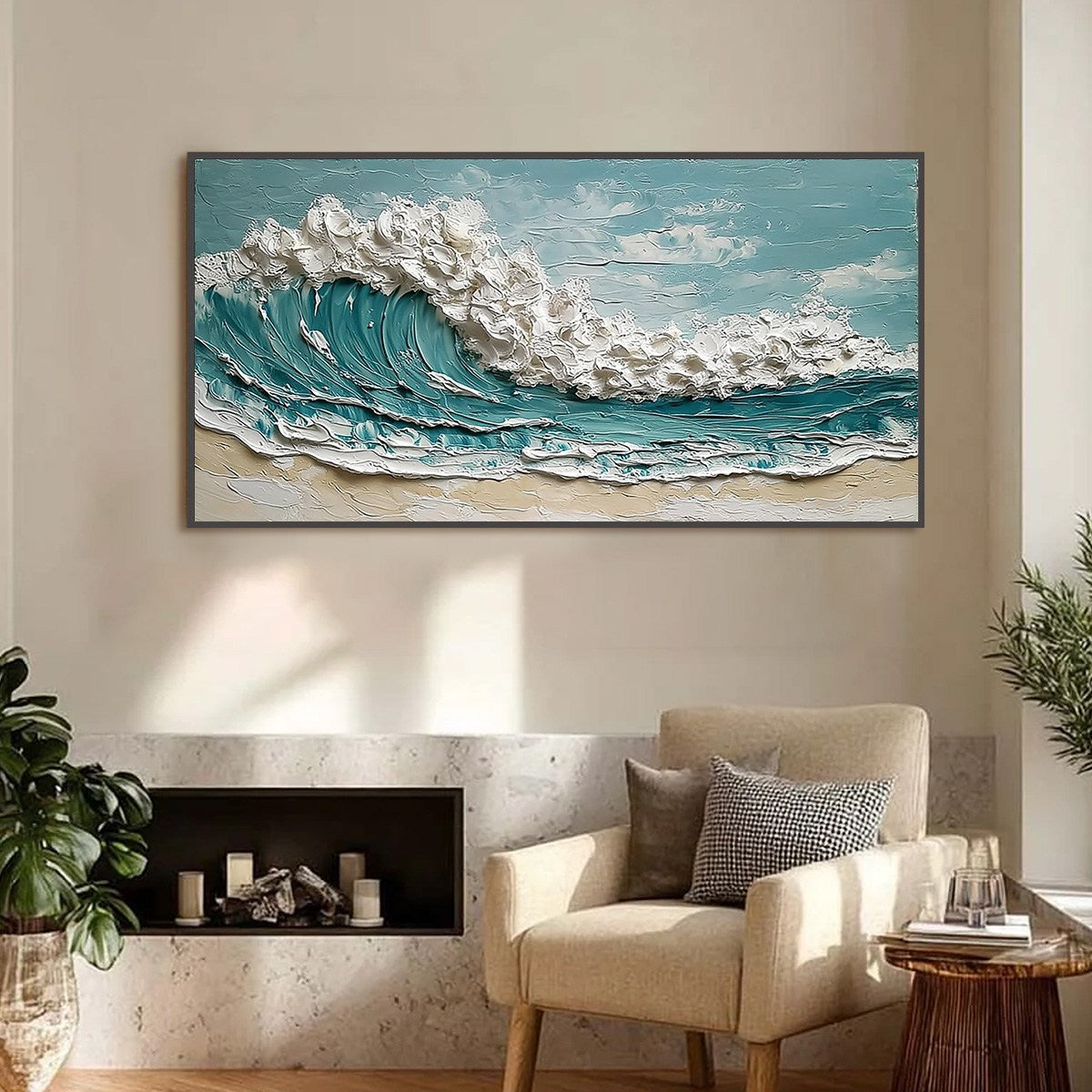 Tidal Crest hand-painted ocean blue, ivory and soft neutral tones textured ocean wave painting shown as stretched canvas