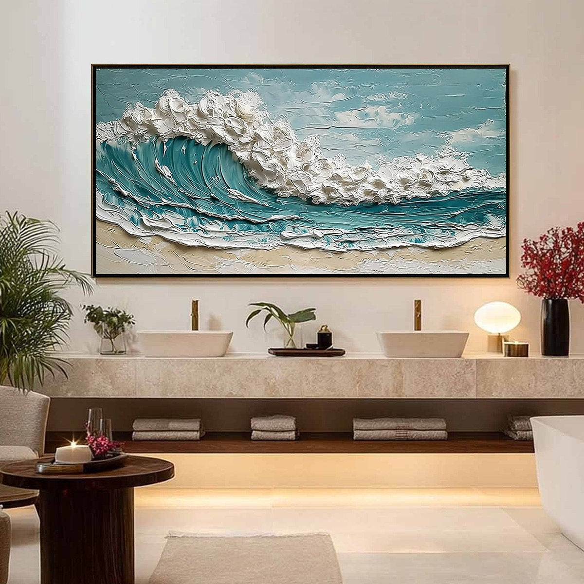 Tidal Crest hand-painted ocean blue, ivory and soft neutral tones textured ocean wave painting shown with silver frame