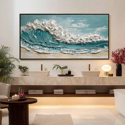 Tidal Crest hand-painted ocean blue, ivory and soft neutral tones textured ocean wave painting shown with silver frame