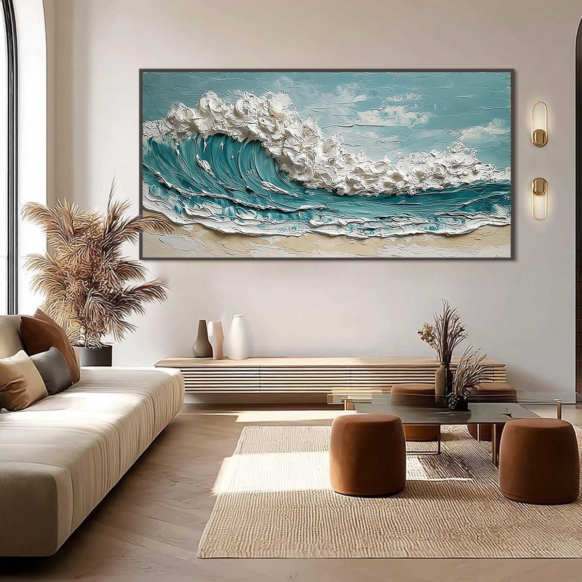 Tidal Crest hand-painted ocean blue, ivory and soft neutral tones textured ocean wave painting shown with black frame