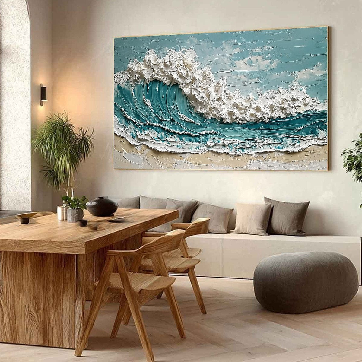 Tidal Crest hand-painted ocean blue, ivory and soft neutral tones textured ocean wave painting shown with wood frame