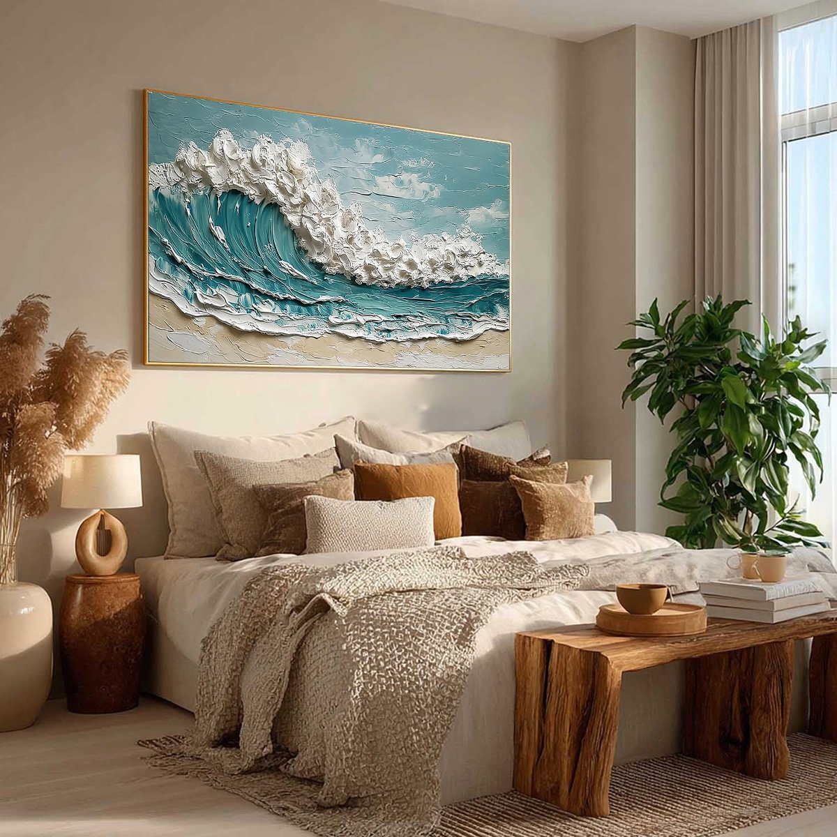 Tidal Crest hand-painted ocean blue, ivory and soft neutral tones textured ocean wave painting rolled canvas option