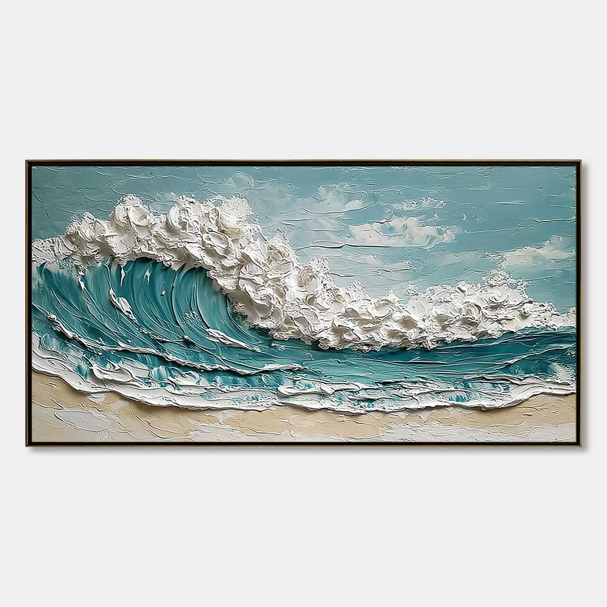 Tidal Crest hand-painted ocean blue, ivory and soft neutral tones textured ocean wave painting rolled canvas option