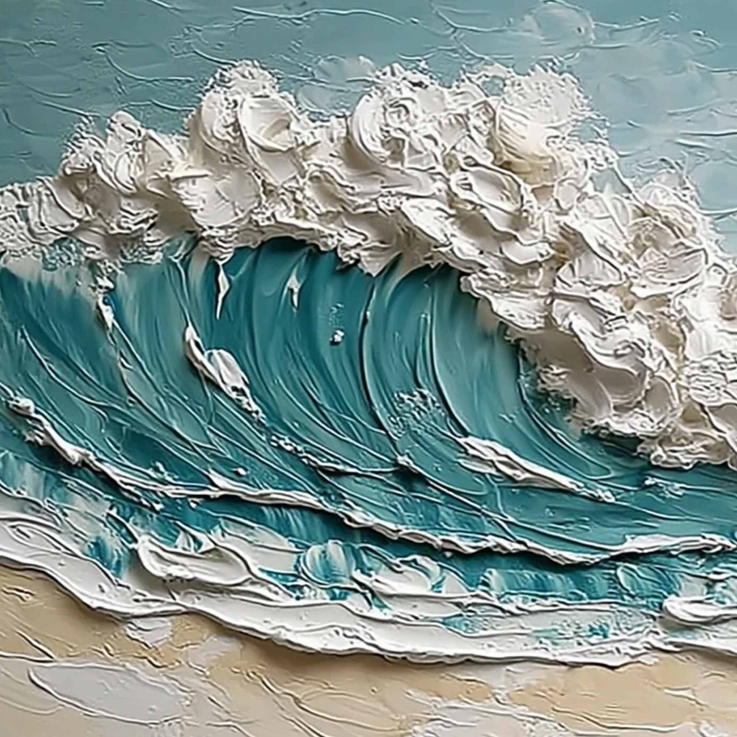 Tidal Crest hand-painted ocean blue, ivory and soft neutral tones textured ocean wave painting shown with gold frame
