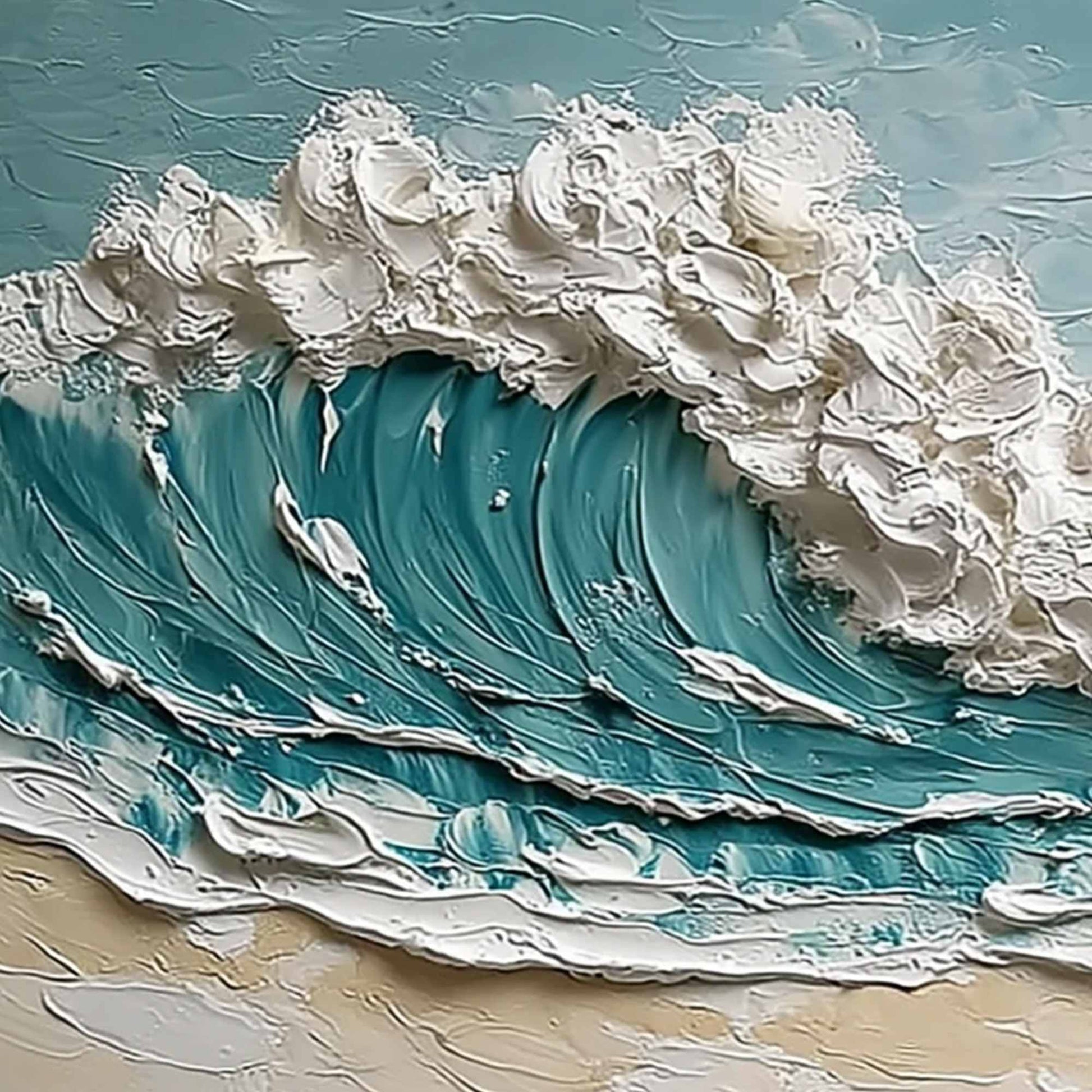 Tidal Crest hand-painted ocean blue, ivory and soft neutral tones textured ocean wave painting shown with gold frame