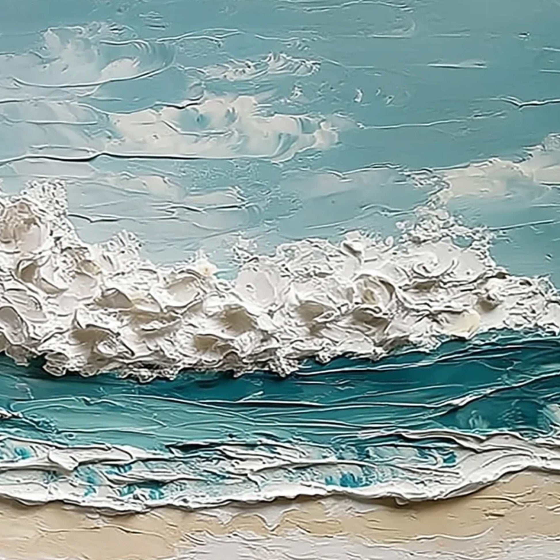 Tidal Crest hand-painted ocean blue, ivory and soft neutral tones textured ocean wave painting shown with white frame